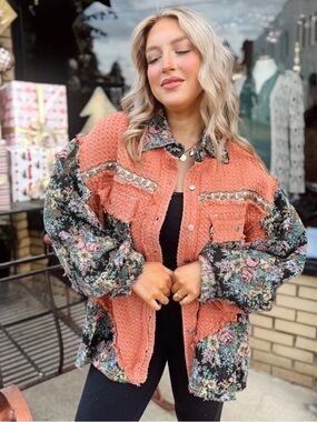 POL Pink Bouclé and Multicolor Floral Patchwork Jacket